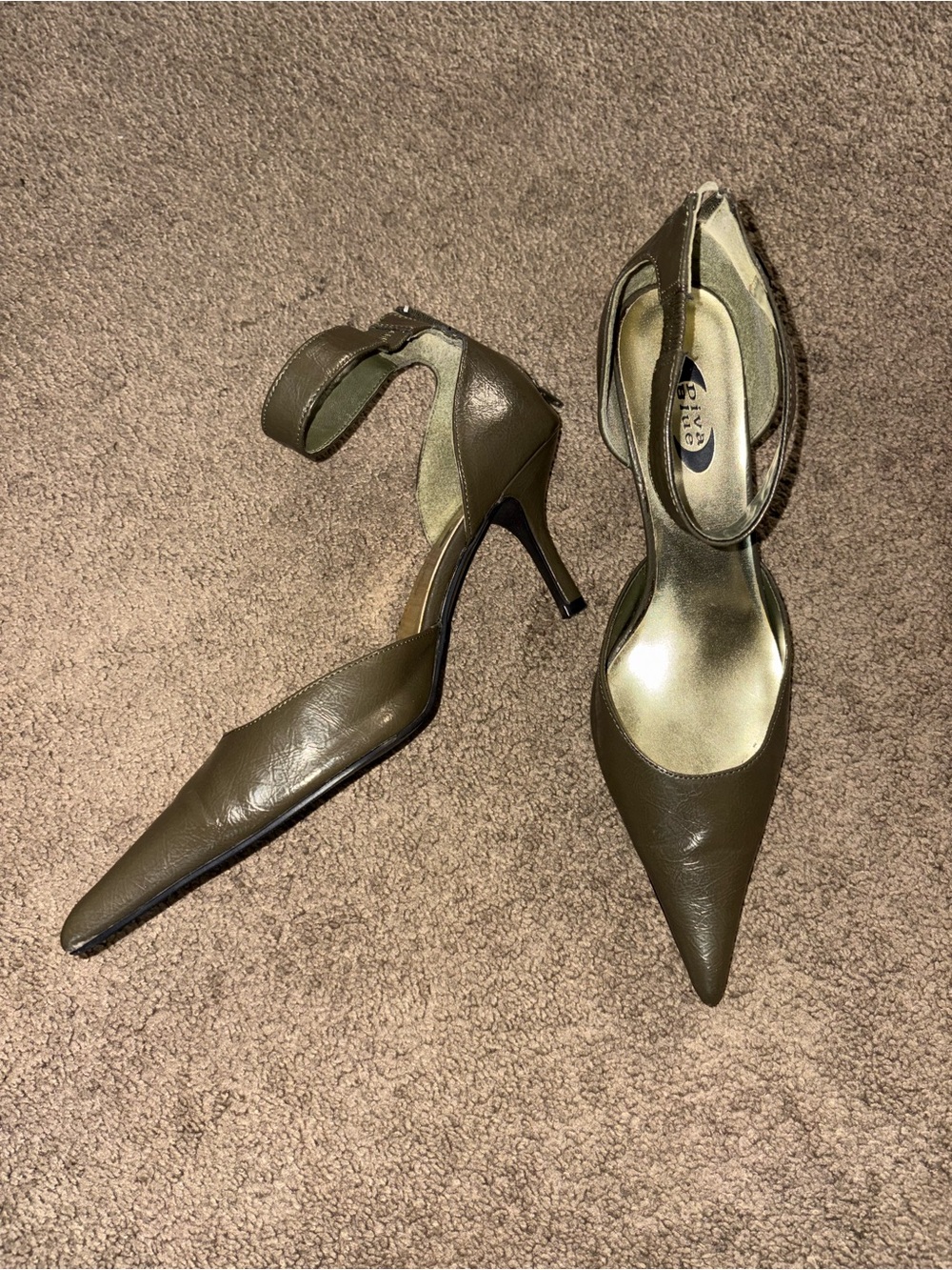 Vintage Diva Blue Olive Green Pointed Toe Kitten Heels - Size 10